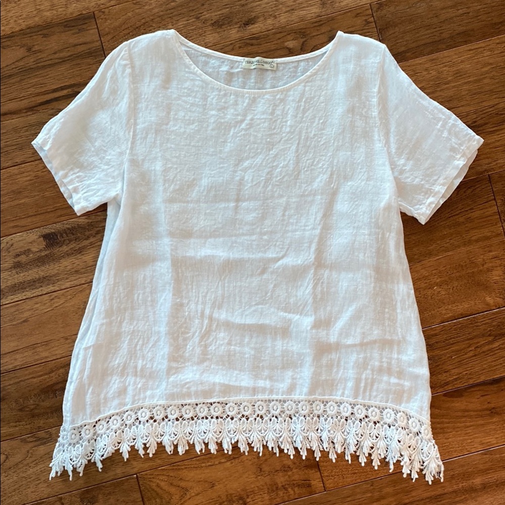 White Linen Boxy Blouse with Crochet Trim
